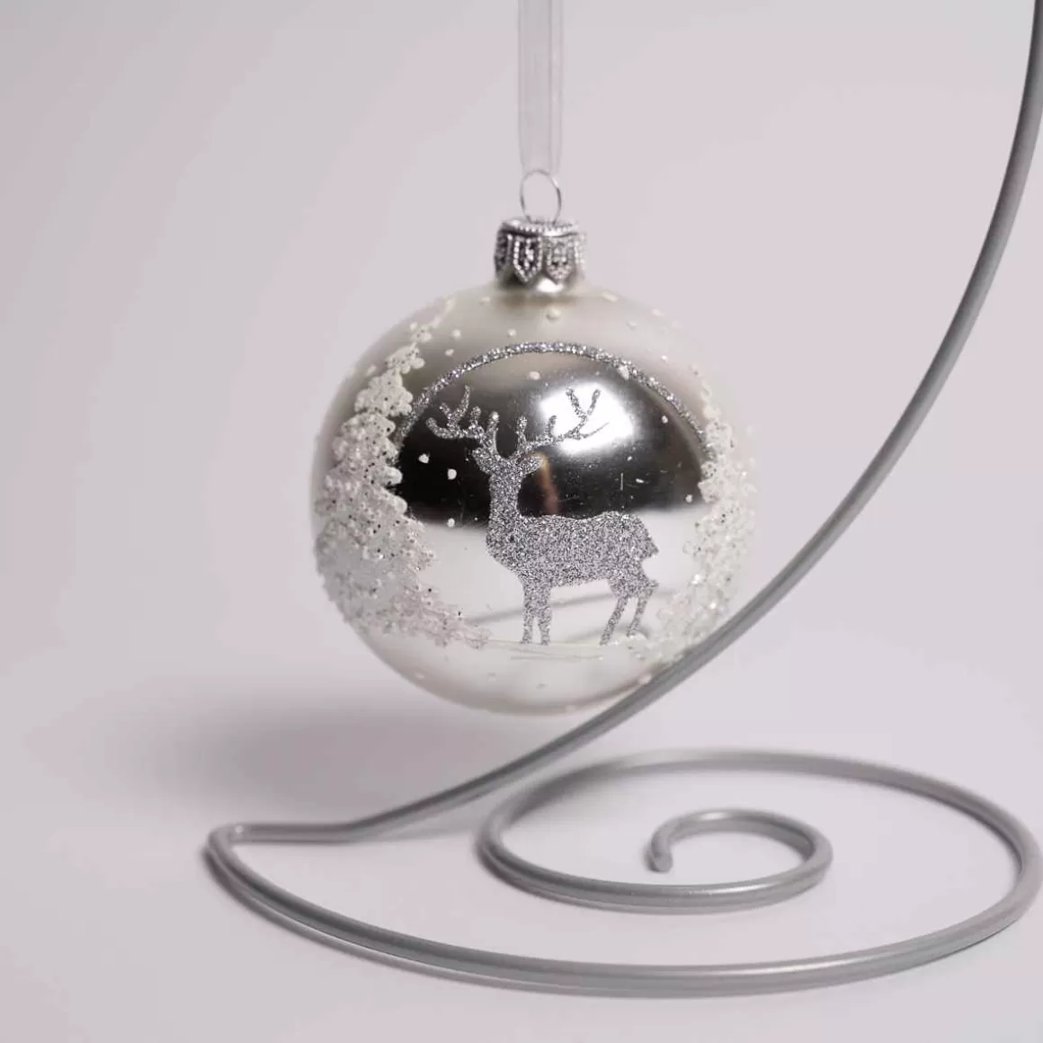 Christmas Place 3 Inch Silver Glass Ball With Deer And Trees Fashion