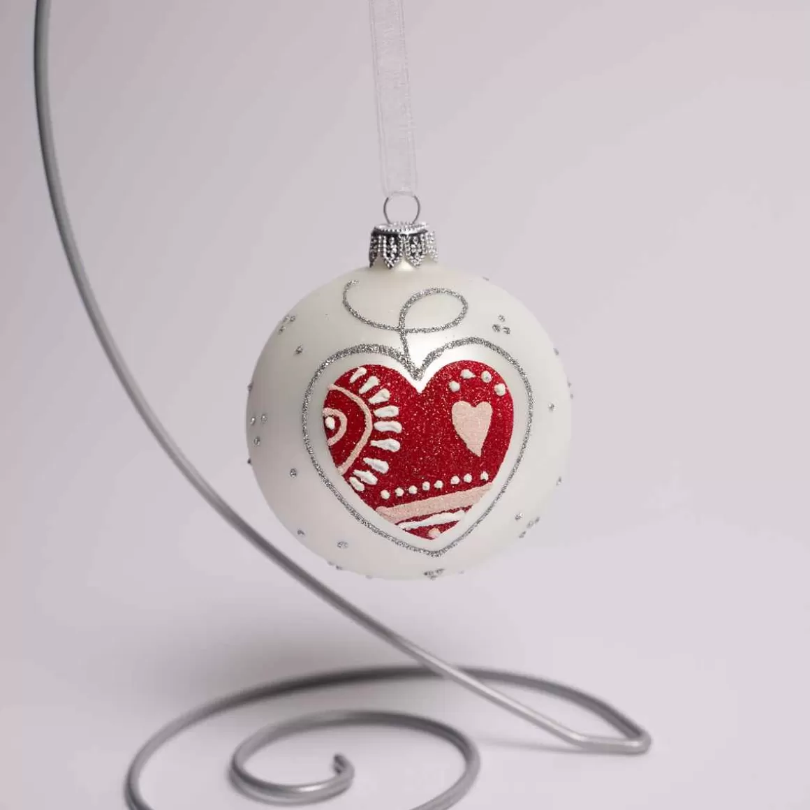 Christmas Place 3 Inch White Glass Ball With Heart Outlet