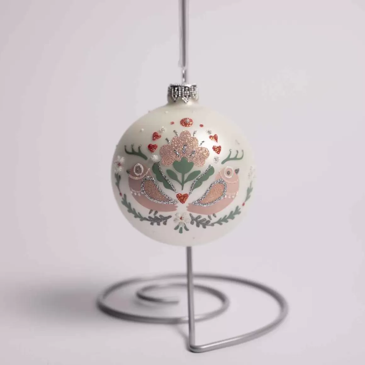 Christmas Place 3 Inch White Glass Ball With Pink Bird Shop