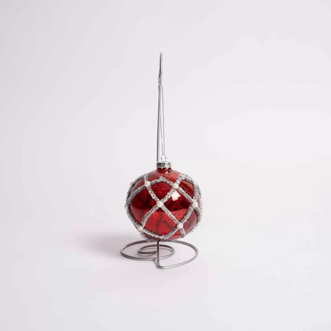 Christmas Place 4 Inch Red Mercury Glass Tinsel Ball Ornament Outlet