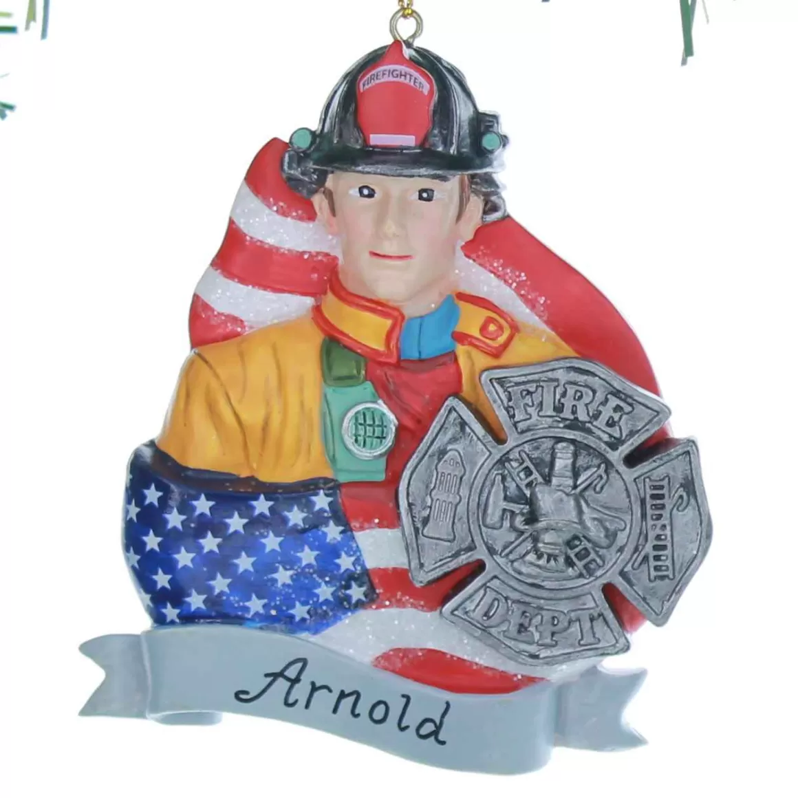 Christmas Place 4In Fireman With Flag Badge New